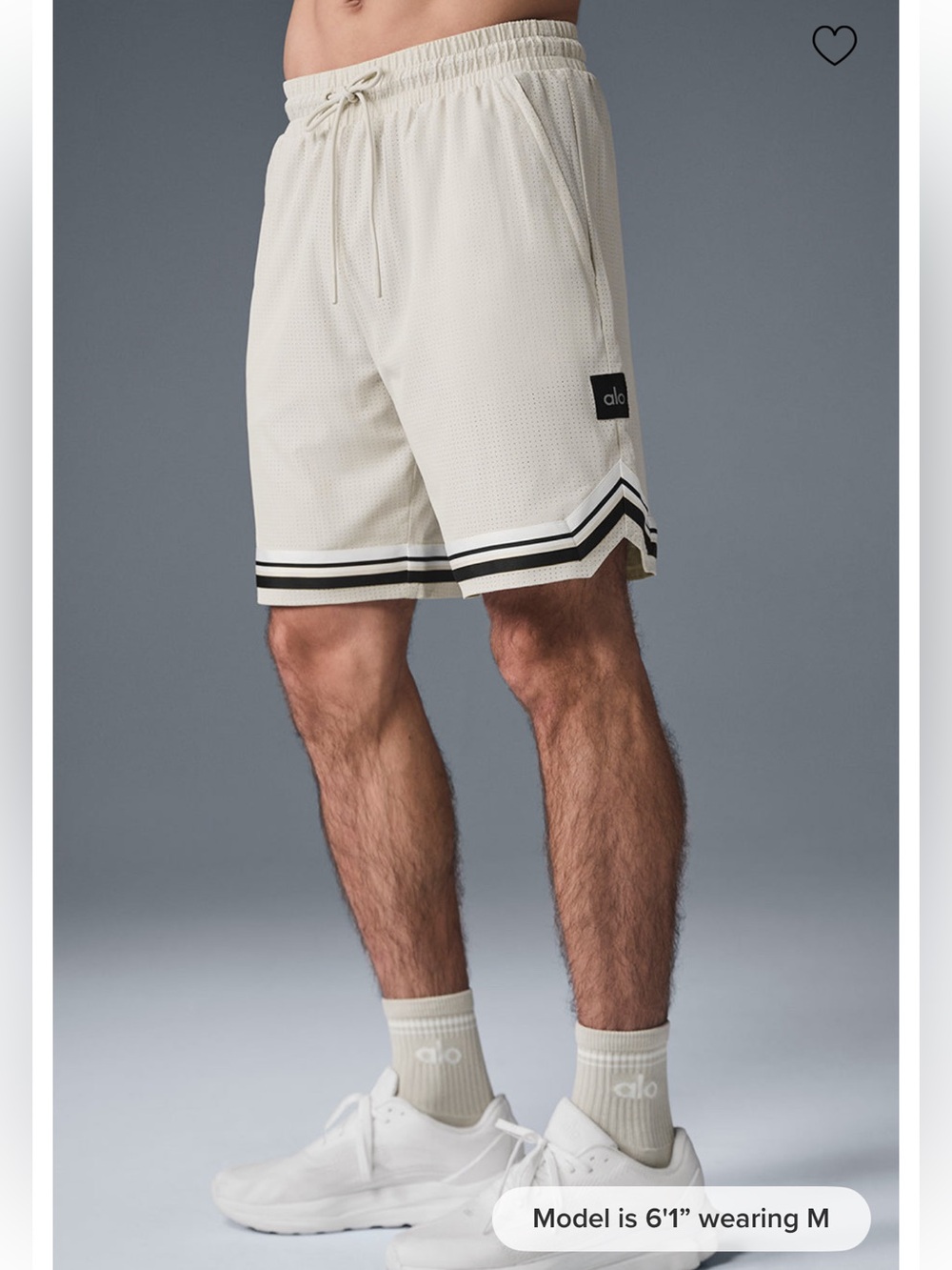 ALO Yoga Men's Cream Athletic Mesh Shorts with Black Stripe